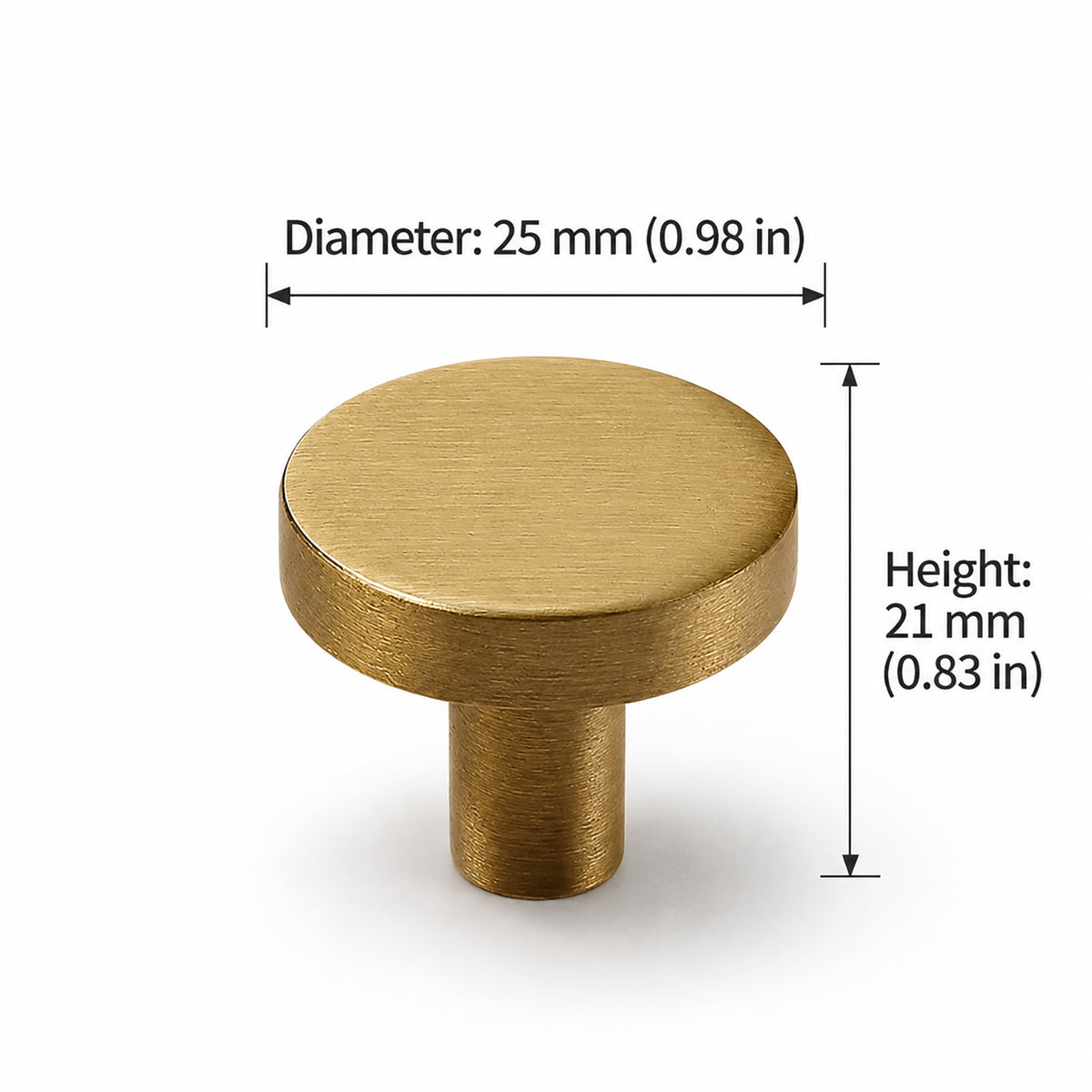 Measurements for flat round brass cabinet knob with brushed bronze finish, style #3 (25 mm option).