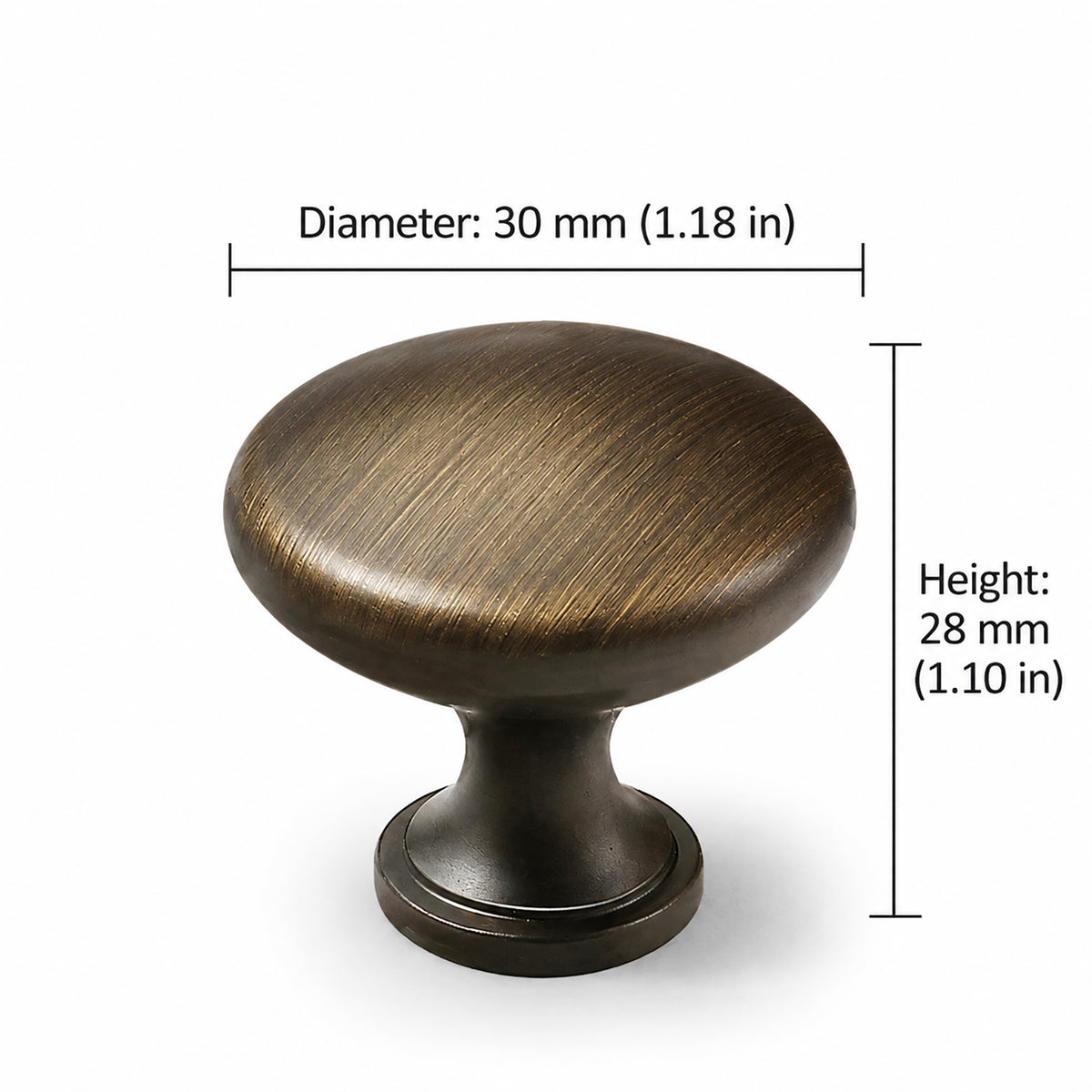 Measurements for bronze-finish solid brass round cabinet knob, style #3 (30 mm).
