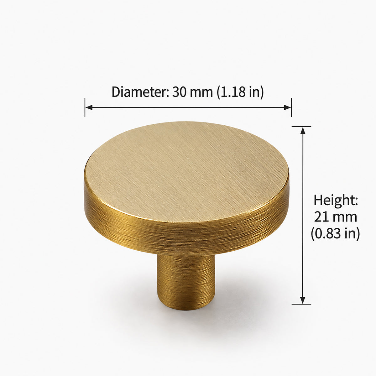 Measurements for flat round brass cabinet knob with brushed bronze finish, style #3 (30 mm option).