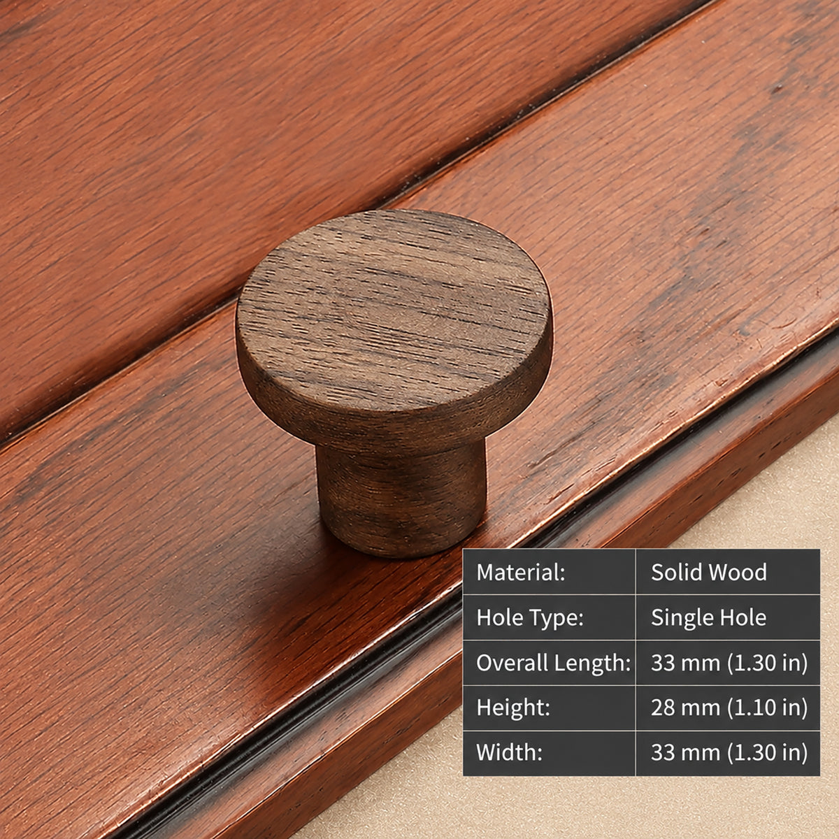Measurements for flat round walnut wood cabinet knob, style #3 (33 mm).