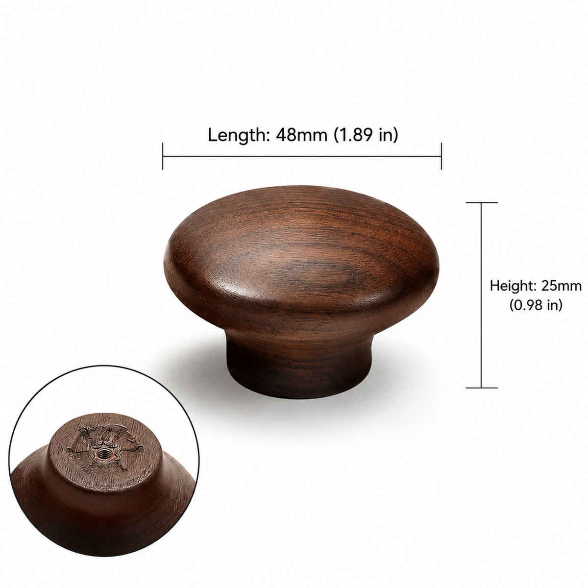 Measurements for dark wood mushroom cabinet knob with a broad oval top, style #3 (45 mm).