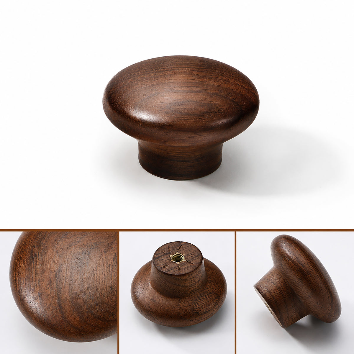 Side and mounting view of dark wood mushroom cabinet knob with a broad oval top, style #3 (45 mm).