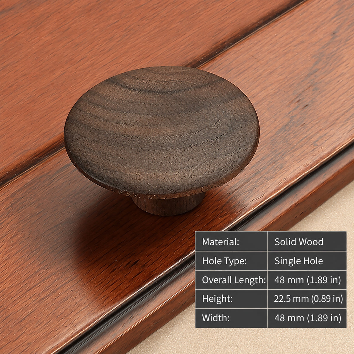 Measurements for flat round walnut wood cabinet knob, style #3 (48 mm).