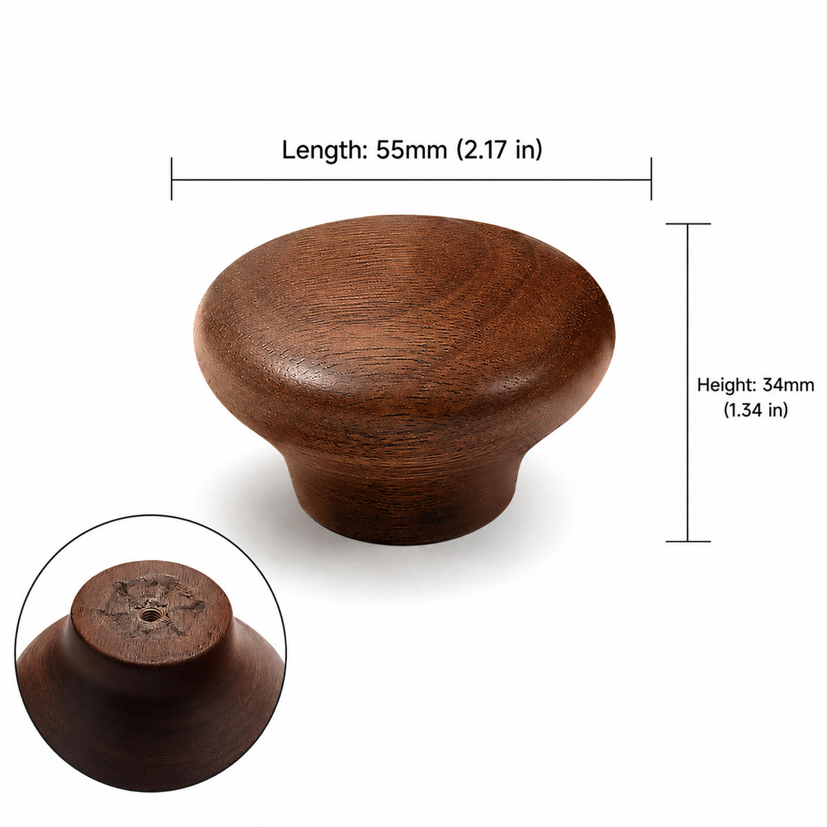 Measurements for dark wood mushroom cabinet knob with a broad oval top, style #3 (55 mm).