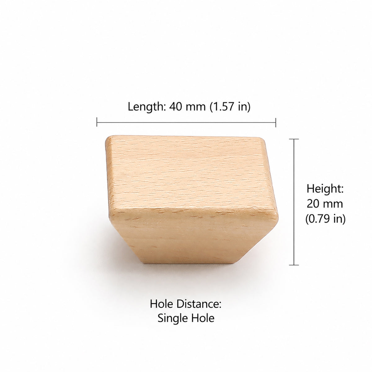 Measurements for beveled square beech cabinet knob, style #3 (40 mm option).