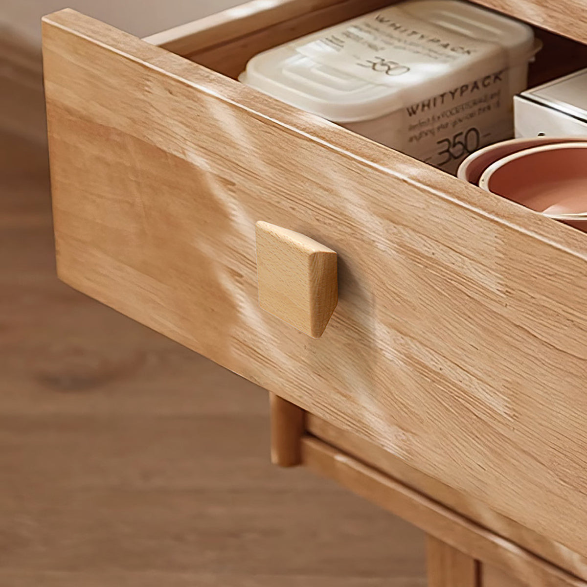 Beveled square beech cabinet knob, style #3 (40 mm option) shown in a styled setting.