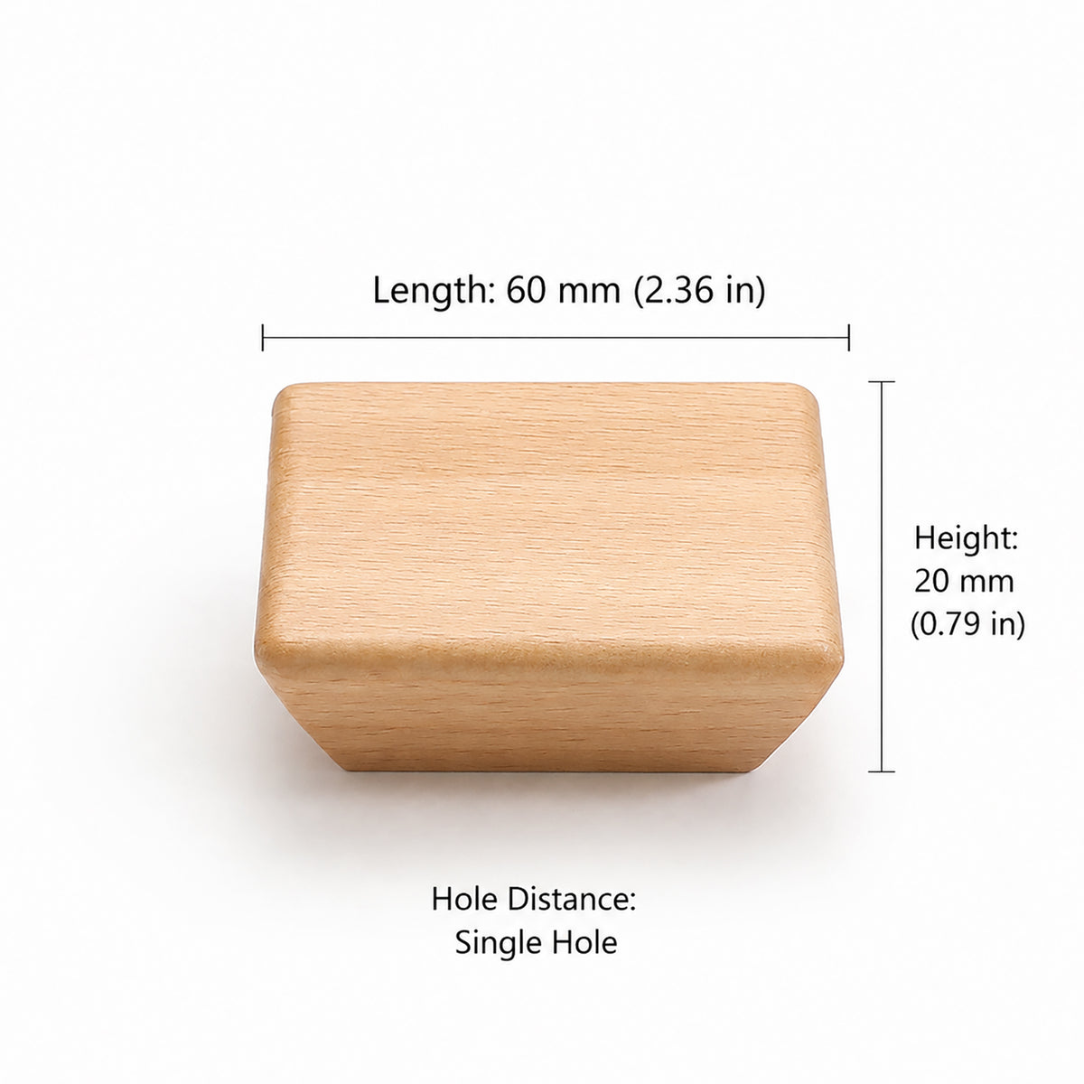 Measurements for beveled square beech cabinet knob, style #3 (60 mm option).