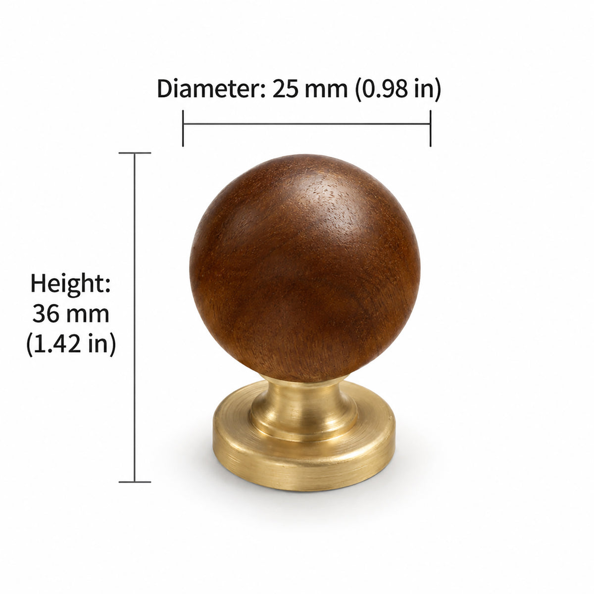Measurements for dark wood ball cabinet knob on a brass base, style #3 (25 mm).