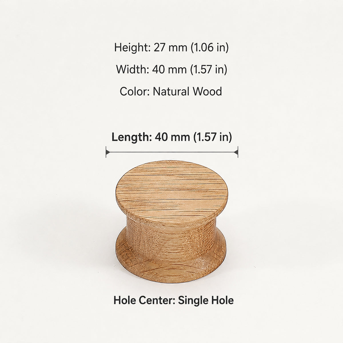 Dimensions of round oak wood cabinet knob, style #3.