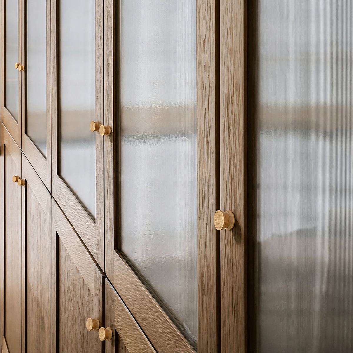 Round oak wood cabinet knob, style #3 fitted to cabinetry.