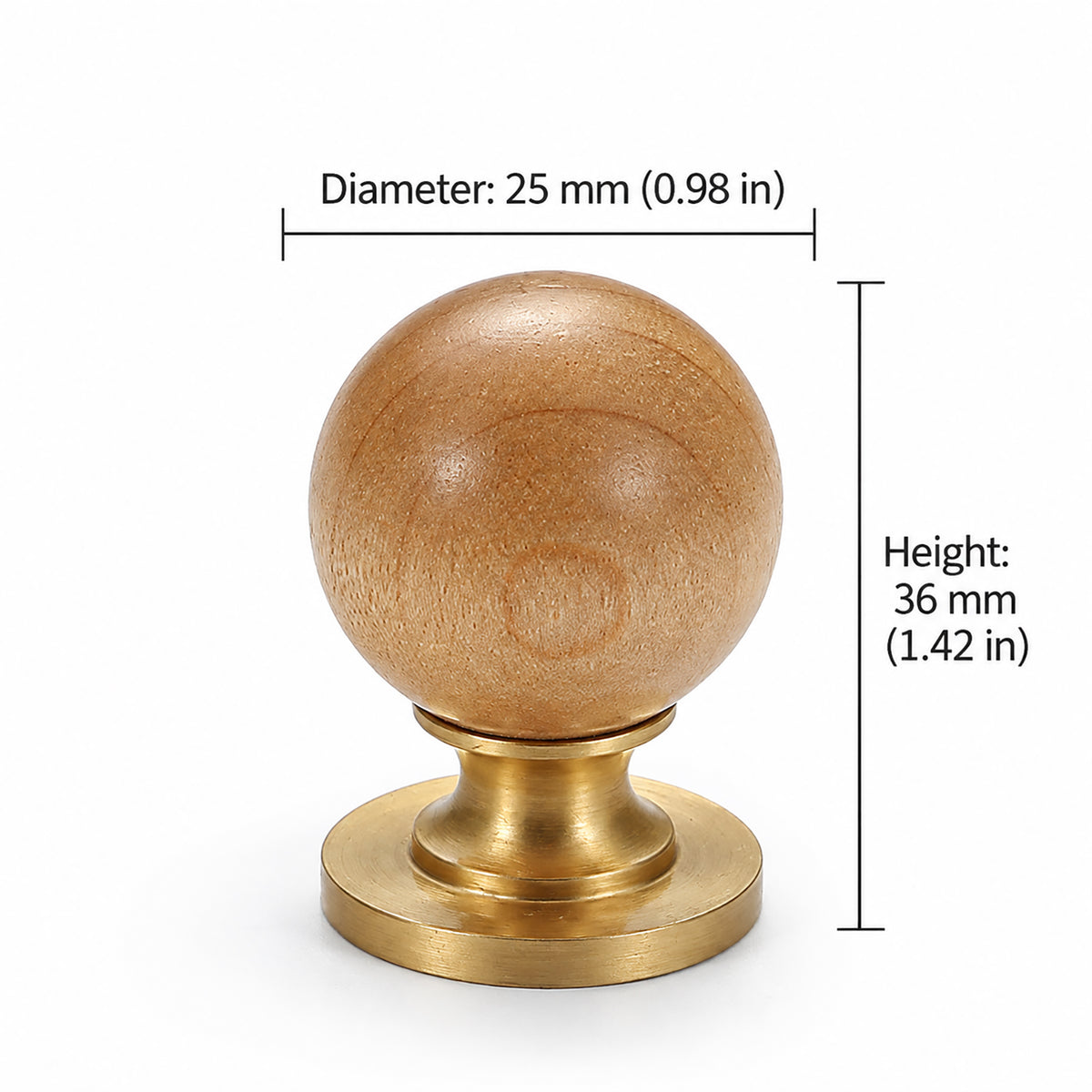 Measurements for light wood ball cabinet knob on a brass pedestal, style #3.