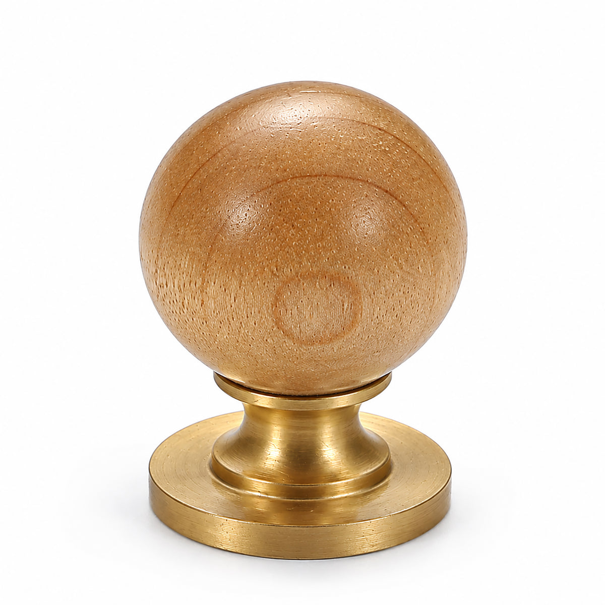 Light wood ball cabinet knob on a brass pedestal, style #3.