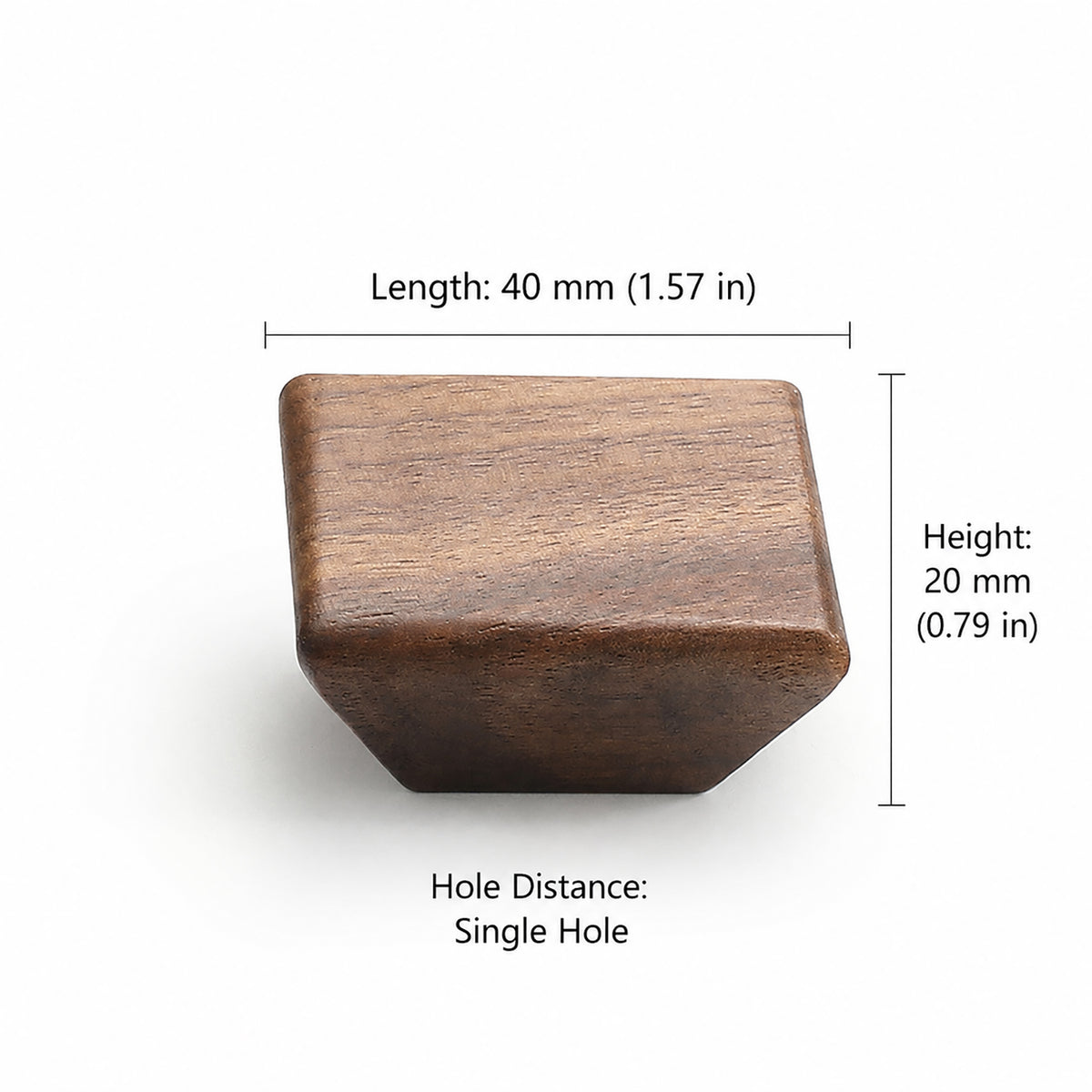 Measurements for beveled square walnut cabinet knob, style #3 (40 mm option).