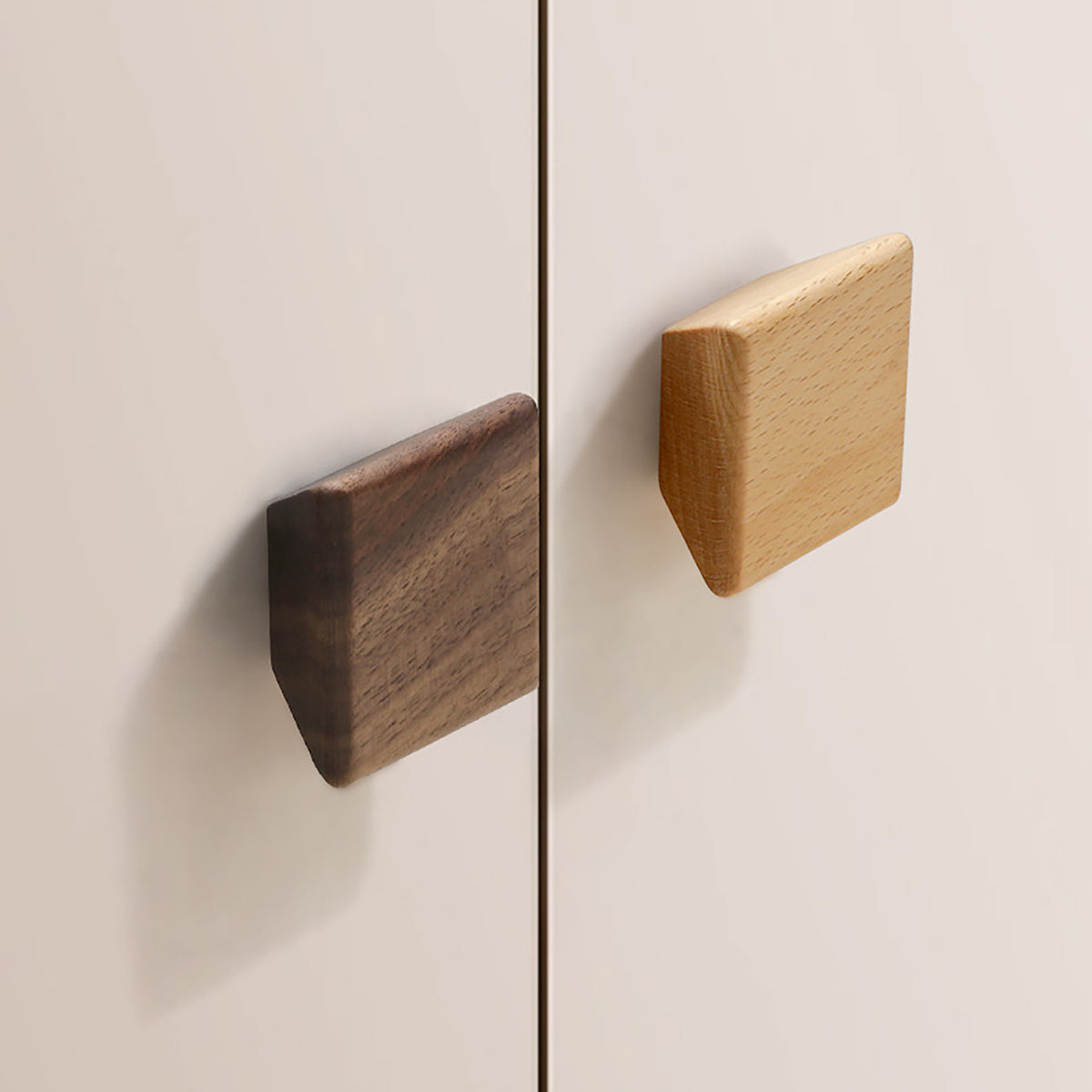 Beveled square walnut cabinet knob, style #3 (40 mm option) shown in a styled setting.