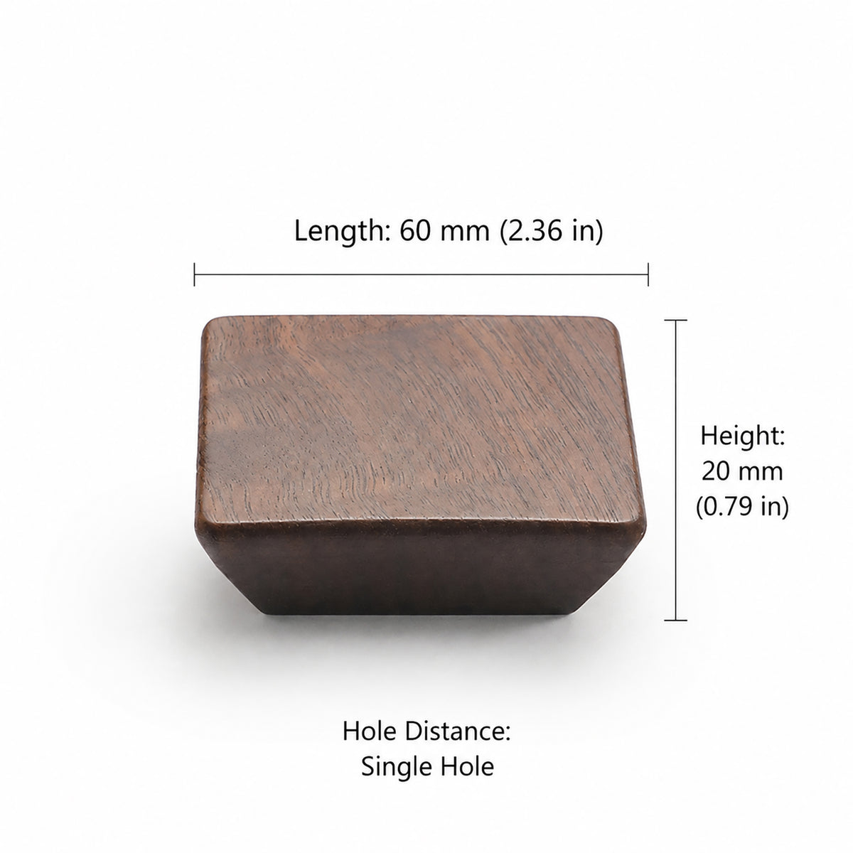 Measurements for beveled square walnut cabinet knob, style #3 (60 mm option).