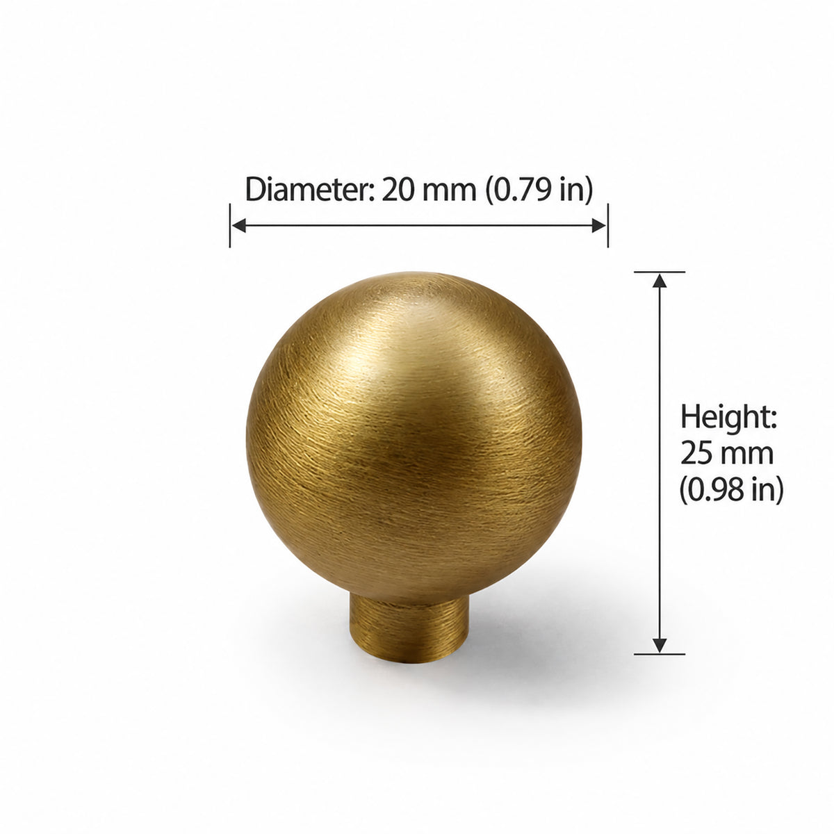 Measurements for spherical brass cabinet knob with brushed bronze finish, style #4 (20 mm option).