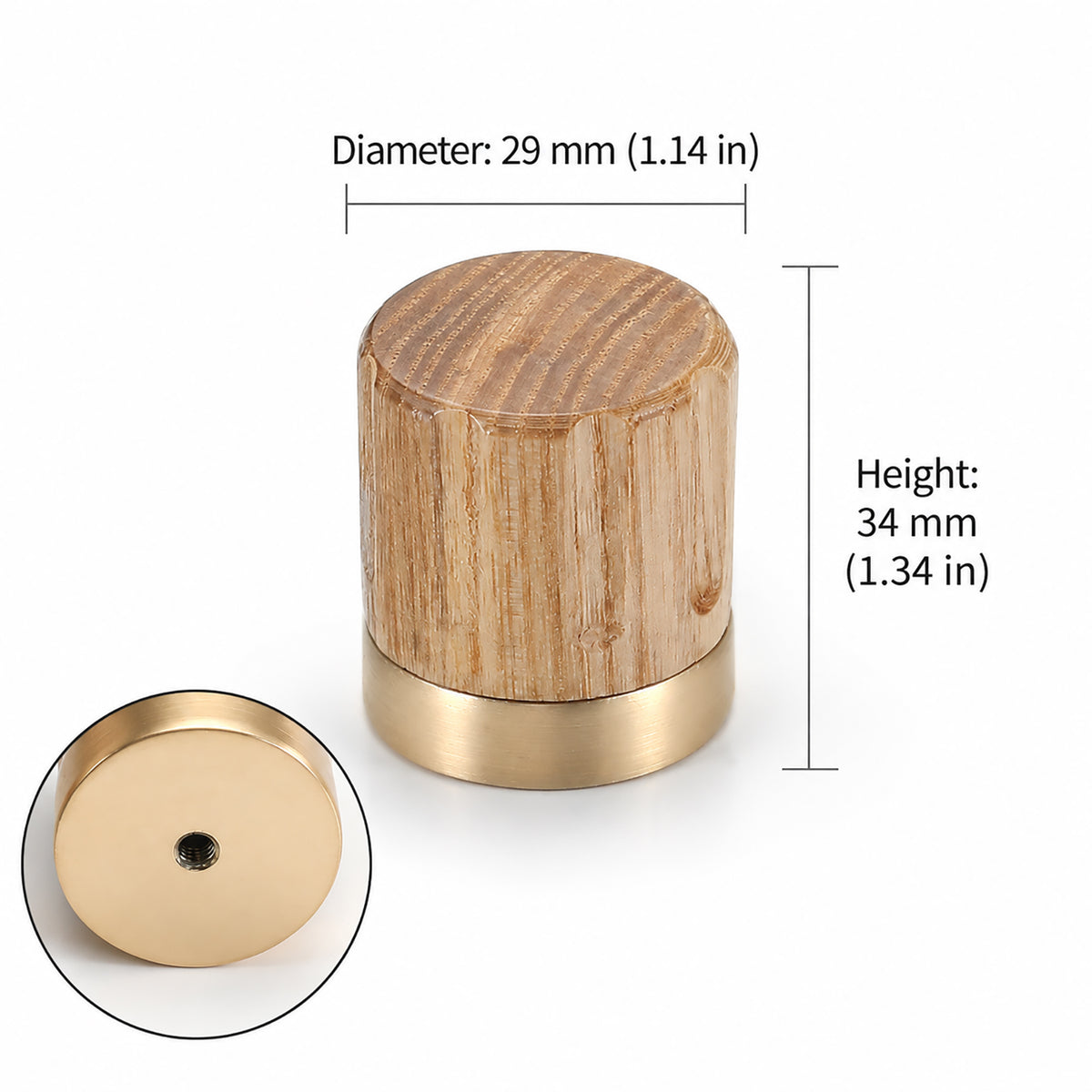 Measurements for oak wood cylindrical cabinet knob with brass base, style #4 (29 mm).