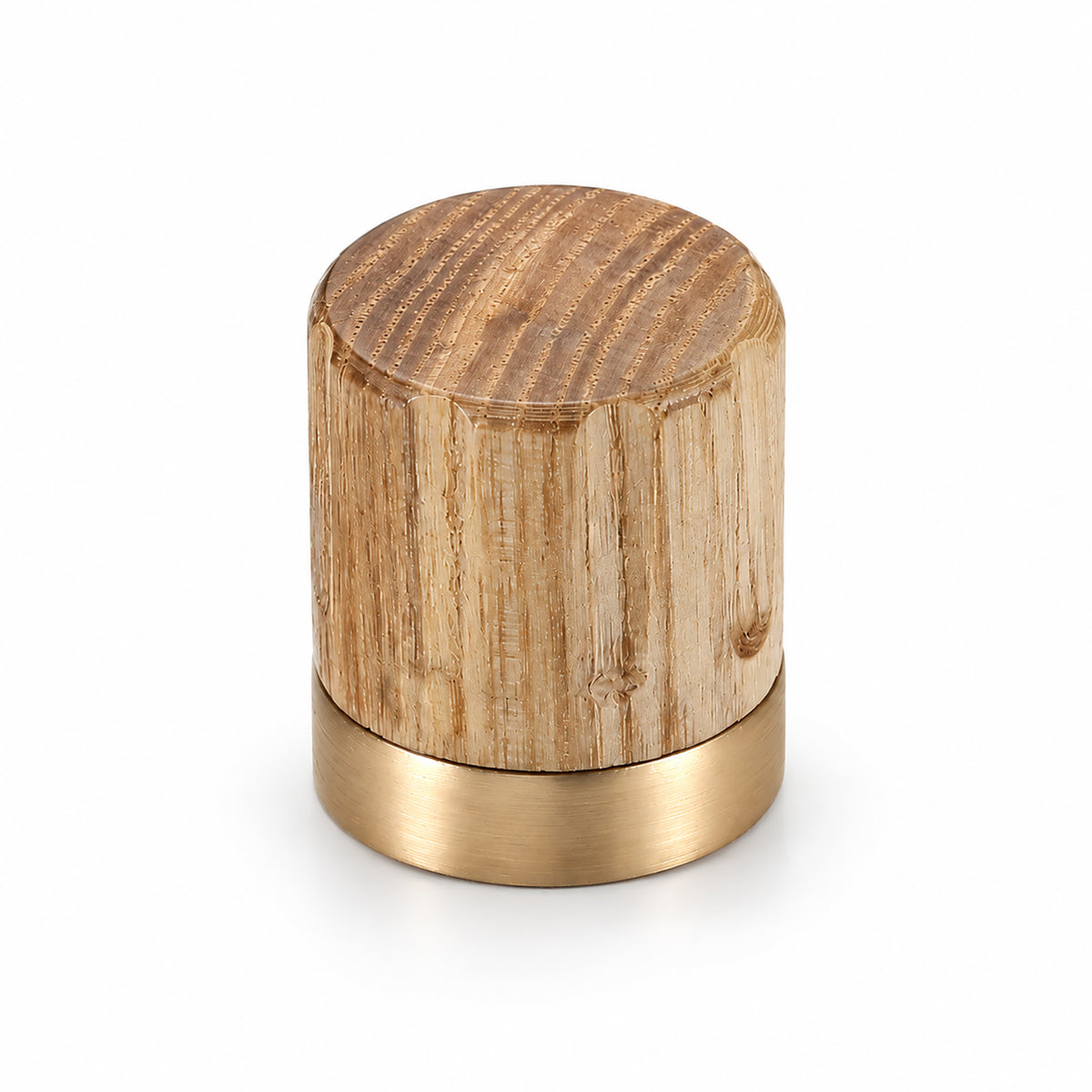 Oak wood cylindrical cabinet knob with brass base, style #4 (29 mm).