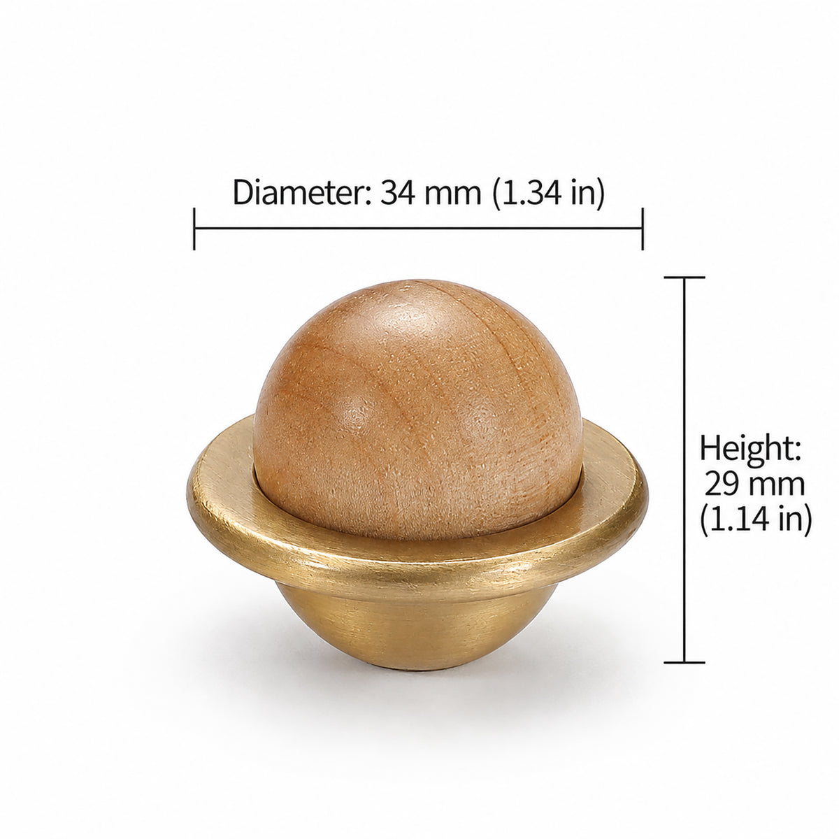Measurements for light wood half-ball cabinet knob set in a brass cup, style #4.