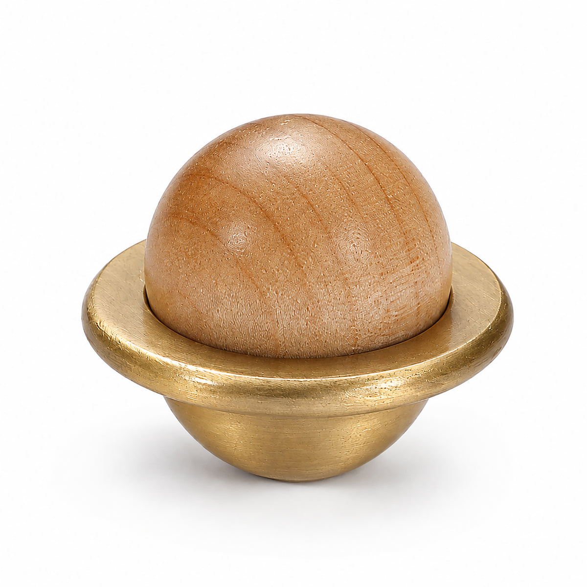 Light wood half-ball cabinet knob set in a brass cup, style #4.