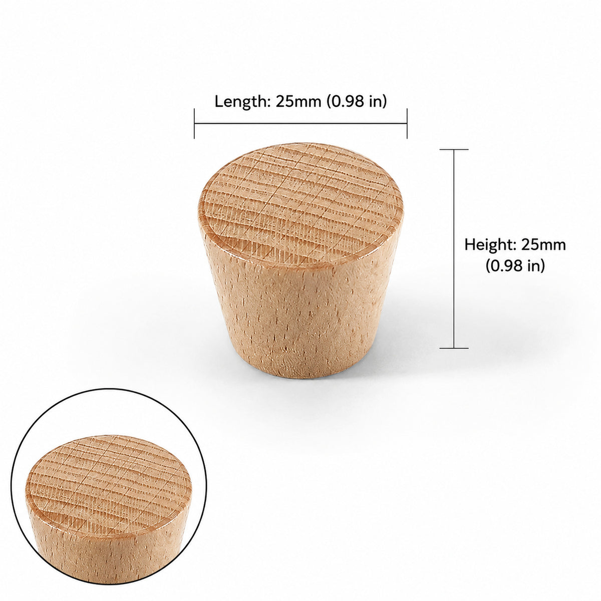 Measurements for light wood cabinet knob with a tapered neck and flat top, style #4.
