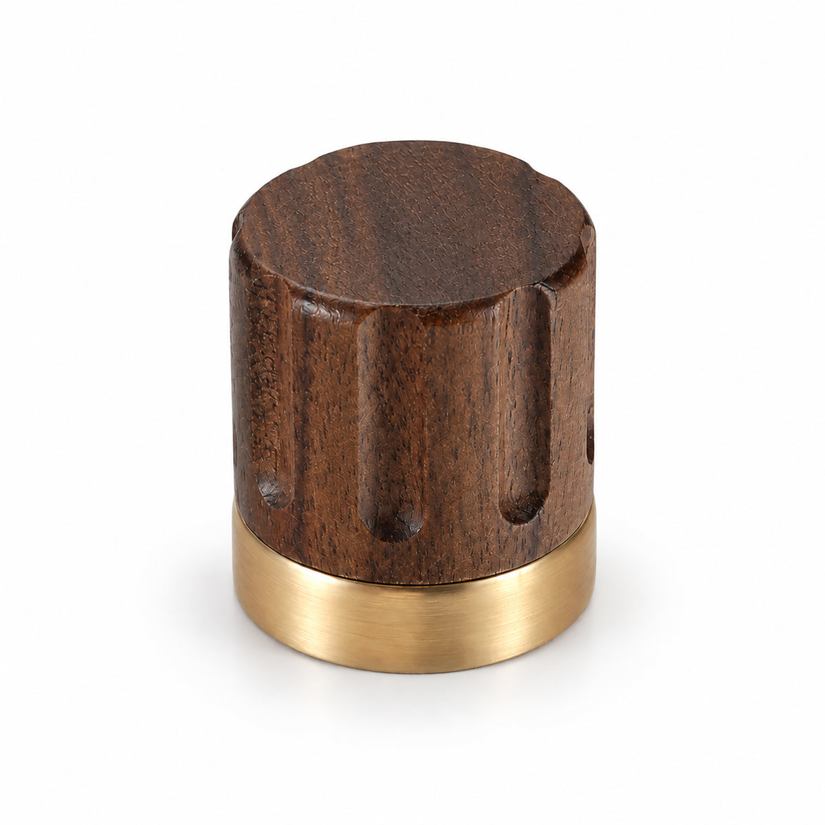 Walnut wood cylindrical cabinet knob with brass base, style #4 (45 mm).