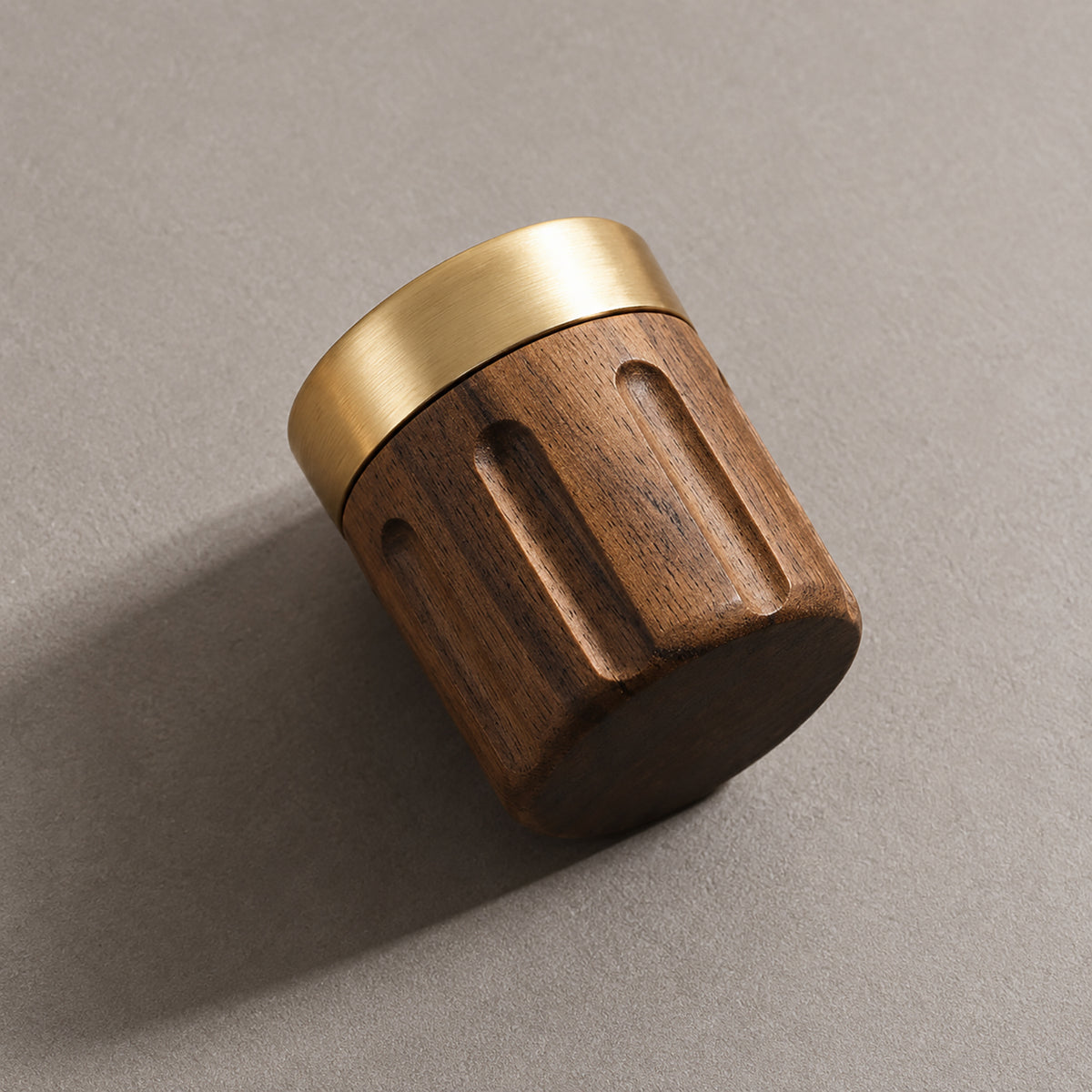 Side and mounting view of walnut wood cylindrical cabinet knob with brass base, style #4 (45 mm).