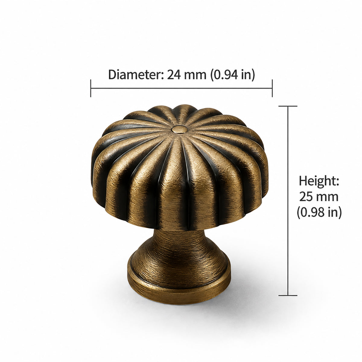 Measurements for fluted floral brass cabinet knob with brushed bronze finish, style #5 (24 mm option).