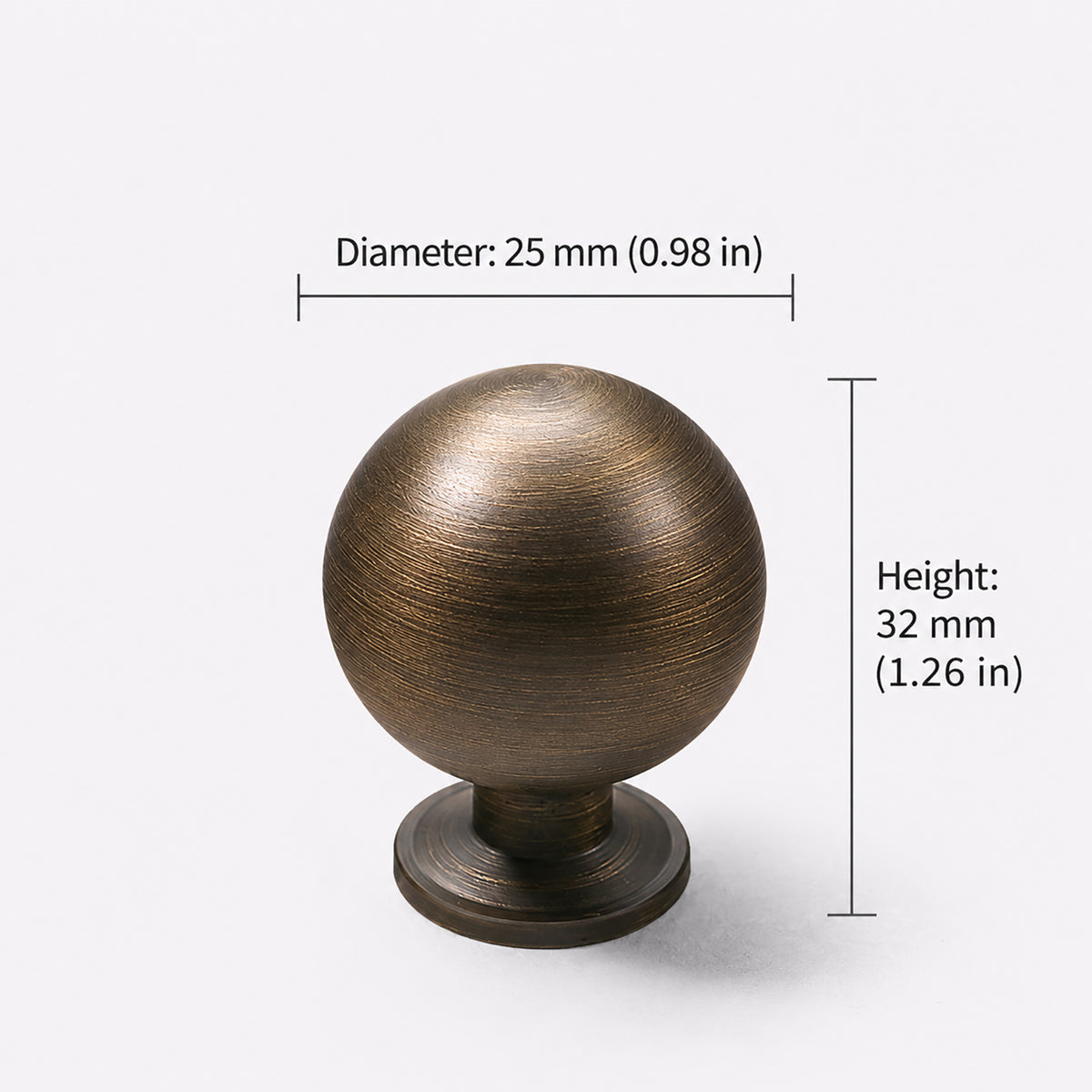 Measurements for bronze-finish solid brass round cabinet knob, style #5 (25 mm).