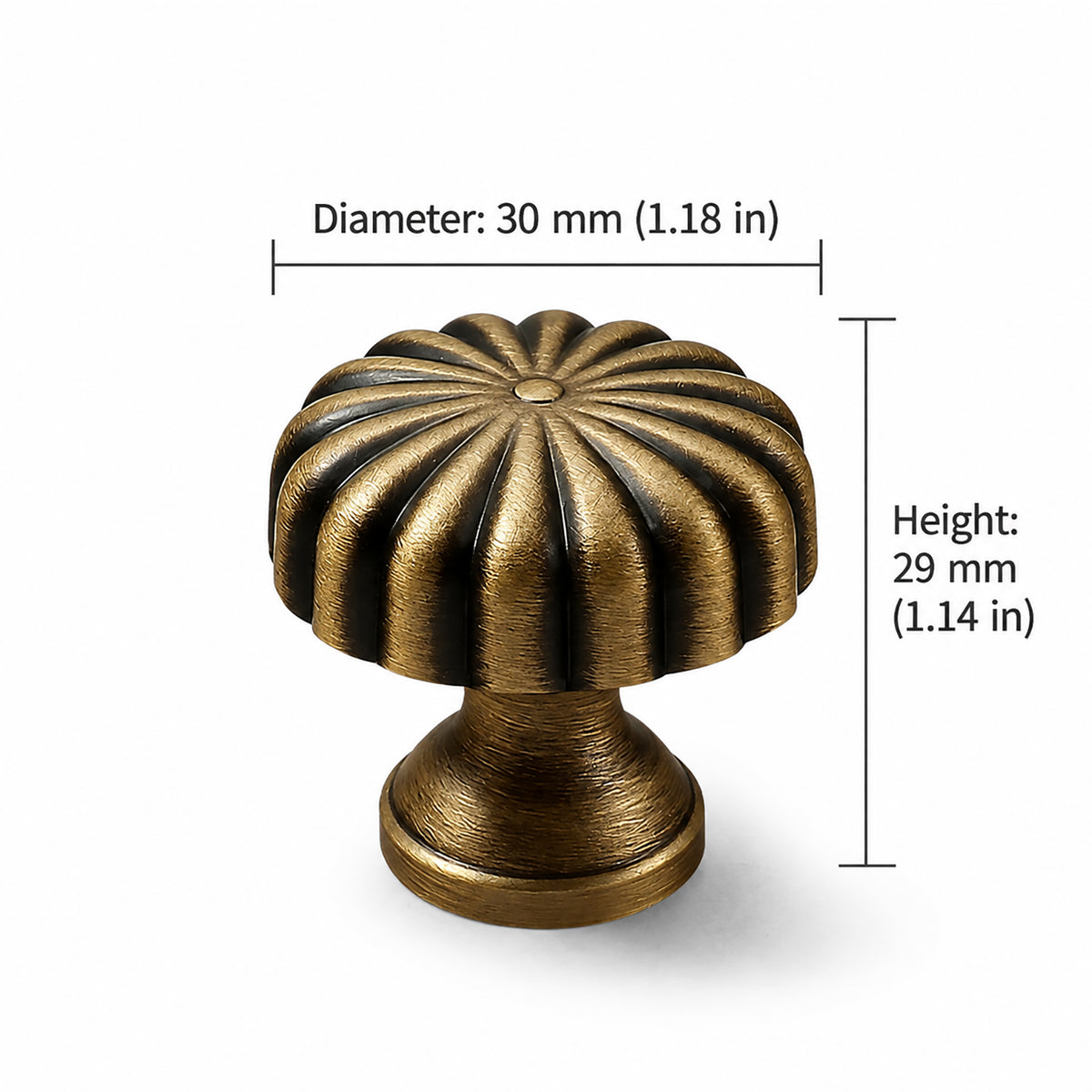 Measurements for fluted floral brass cabinet knob with brushed bronze finish, style #5 (30 mm option).