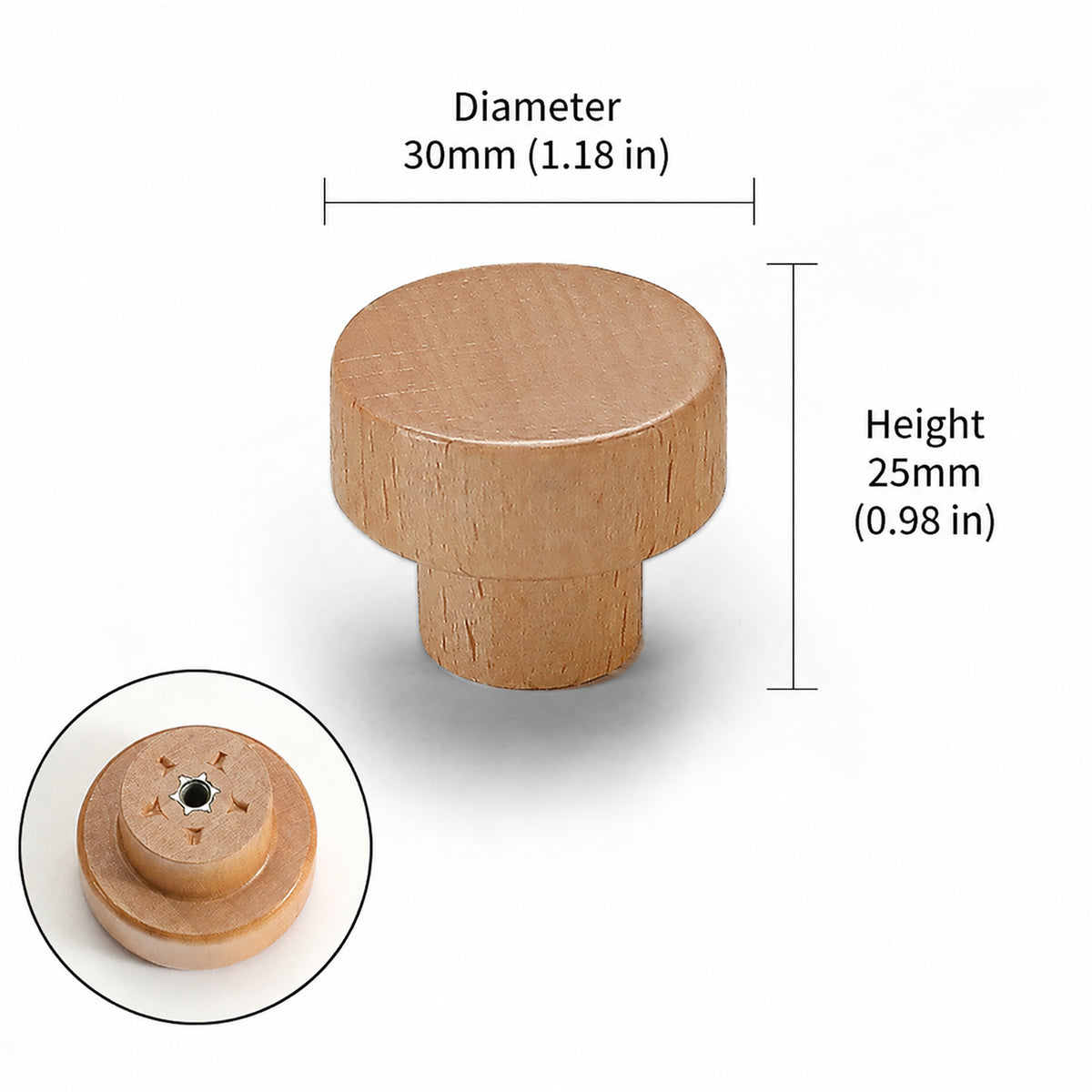 Measurements for light oak wood cylindrical cabinet knob with flat top, style #5 (30 mm).