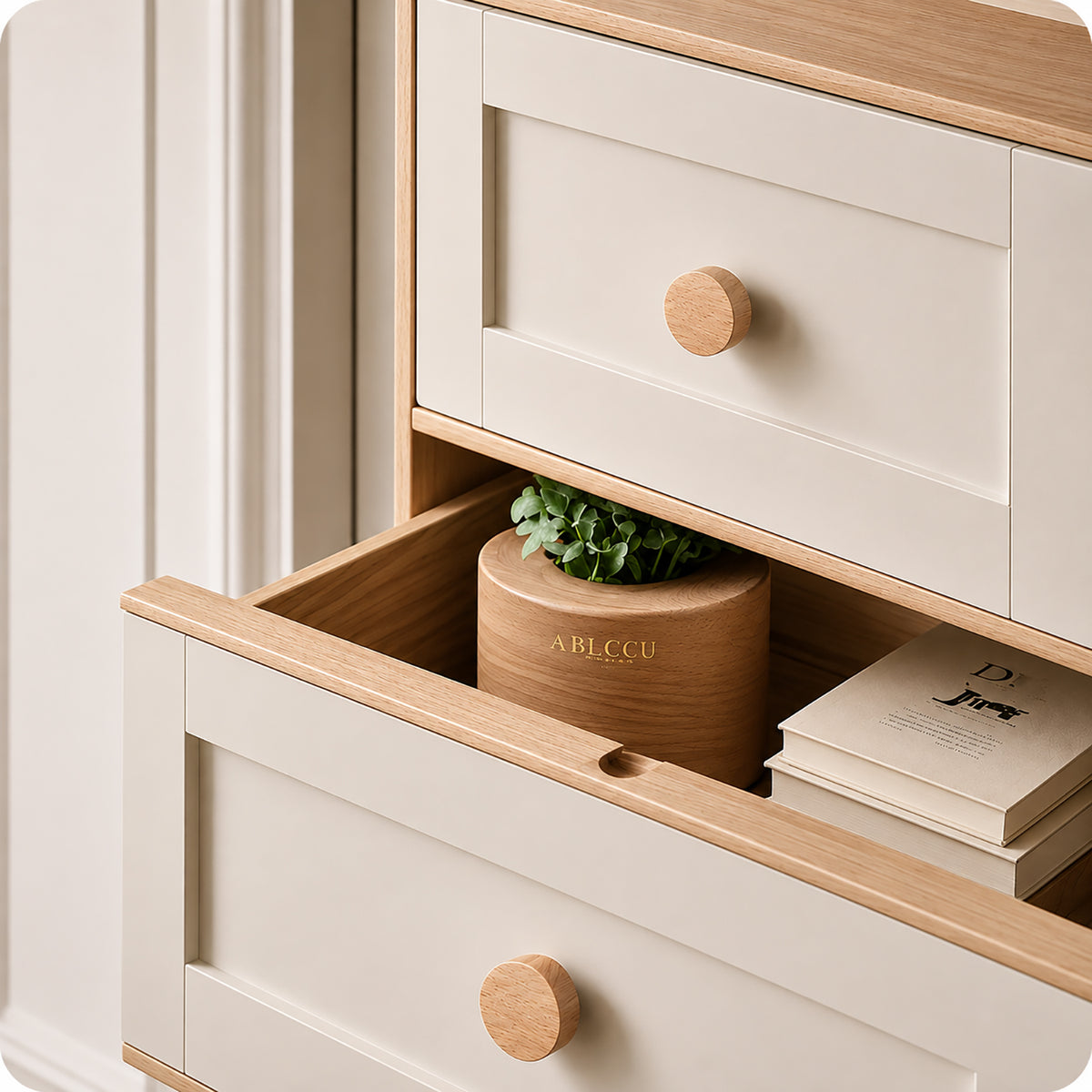 In-use view of light oak wood cylindrical cabinet knob with flat top, style #5 (30 mm).