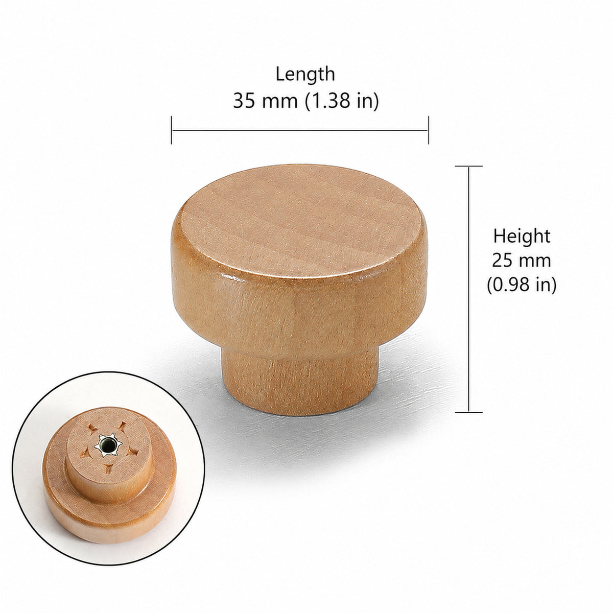 Measurements for light oak wood cylindrical cabinet knob with flat top, style #5 (35 mm).