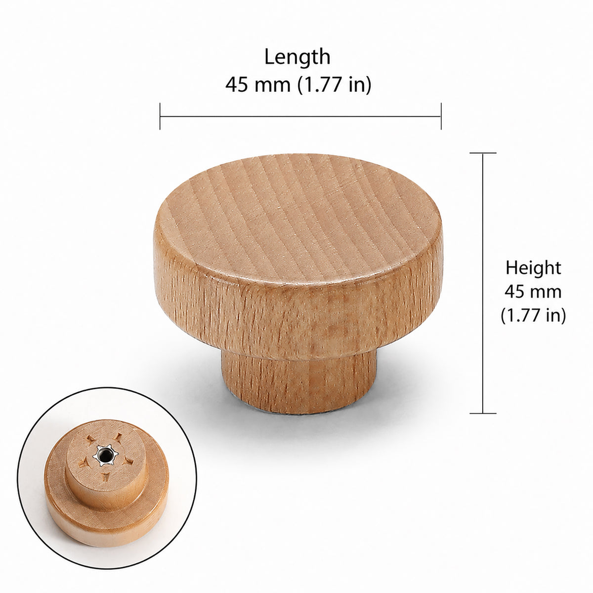 Measurements for light oak wood cylindrical cabinet knob with flat top, style #5 (45 mm).