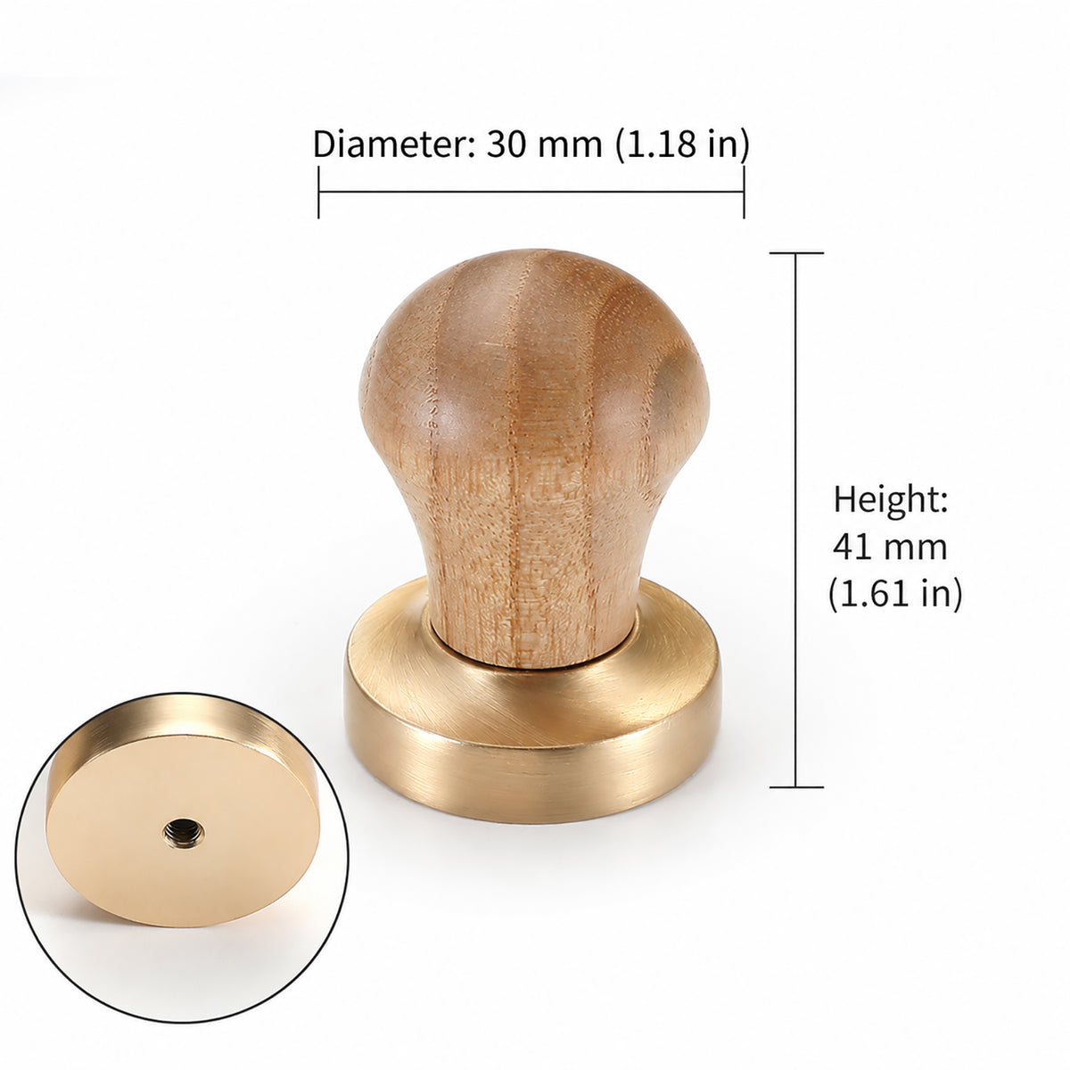 Measurements for rounded oak wood cabinet knob with brass base, style #5.