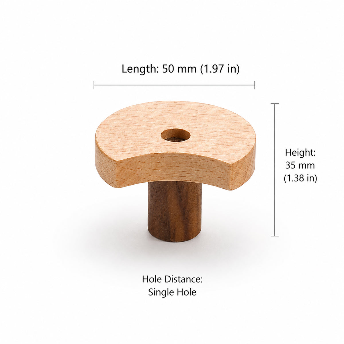 Measurements for curved wood cabinet knob, style #5.