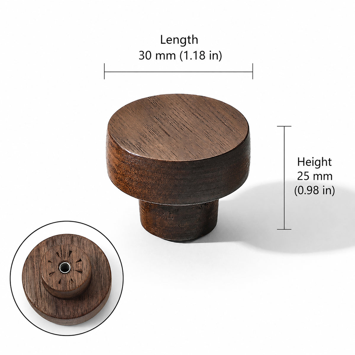 Measurements for dark walnut wood cylindrical cabinet knob with flat top, style #5 (30 mm).
