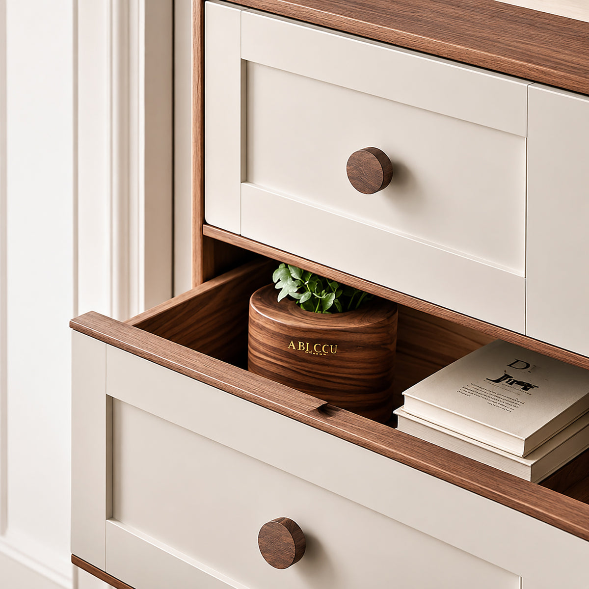 In-use view of dark walnut wood cylindrical cabinet knob with flat top, style #5 (30 mm).