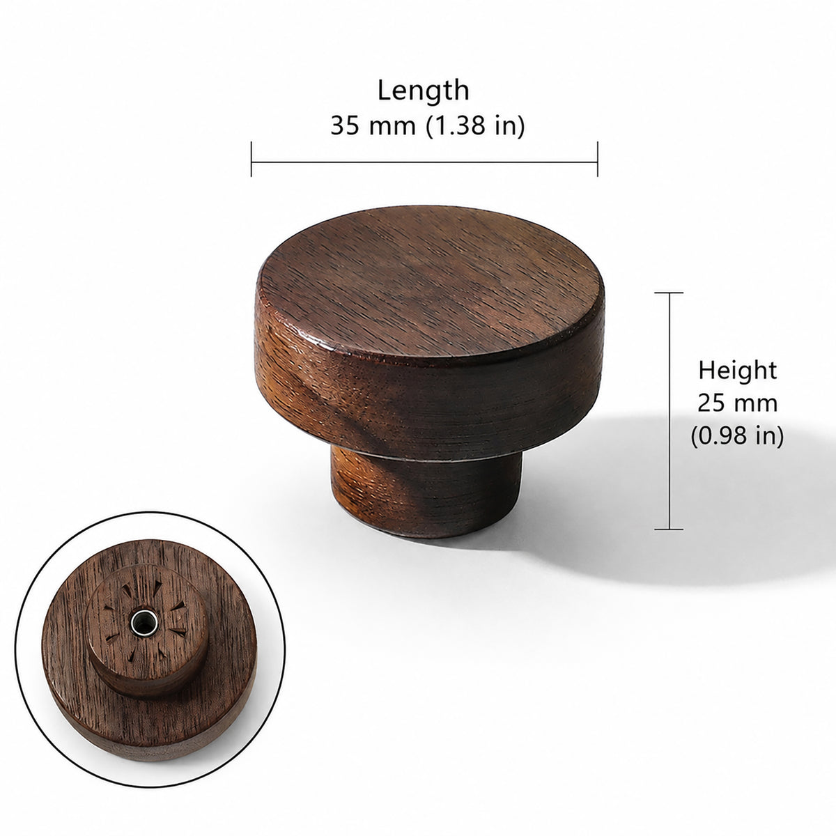 Measurements for dark walnut wood cylindrical cabinet knob with flat top, style #5 (35 mm).