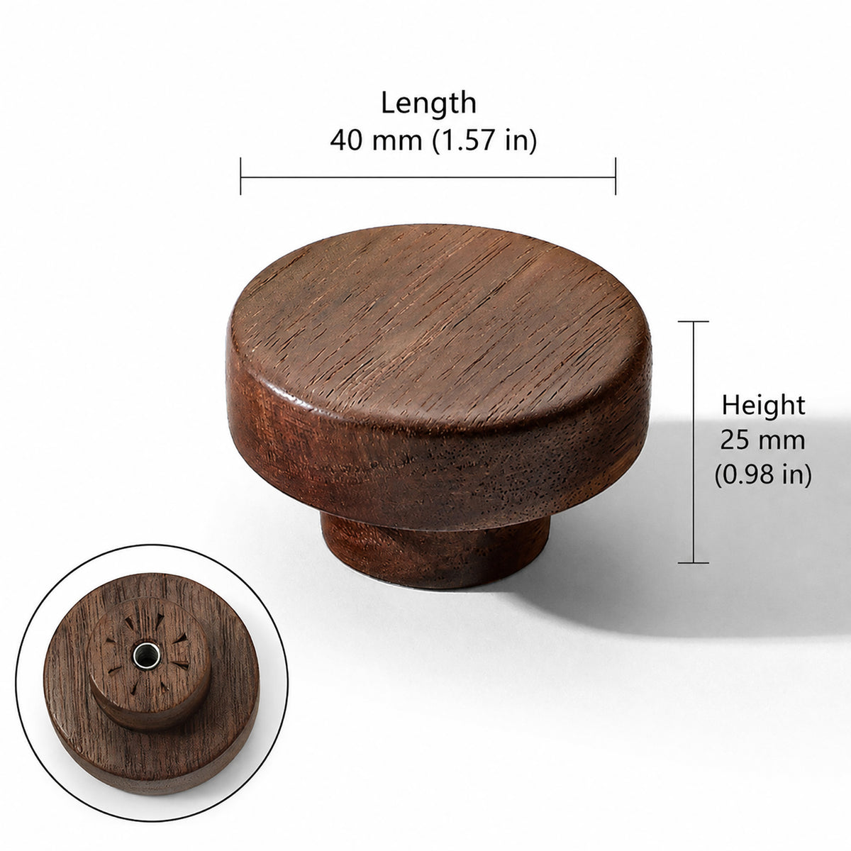 Measurements for dark walnut wood cylindrical cabinet knob with flat top, style #5 (40 mm).