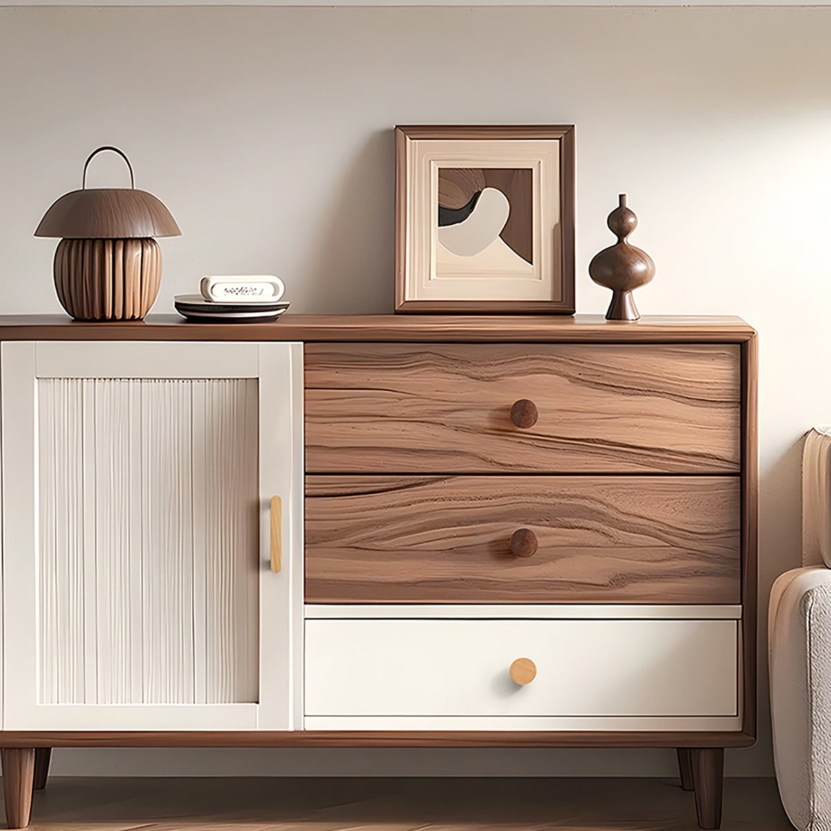 In-use view of dark walnut wood cylindrical cabinet knob with flat top, style #5 (40 mm).
