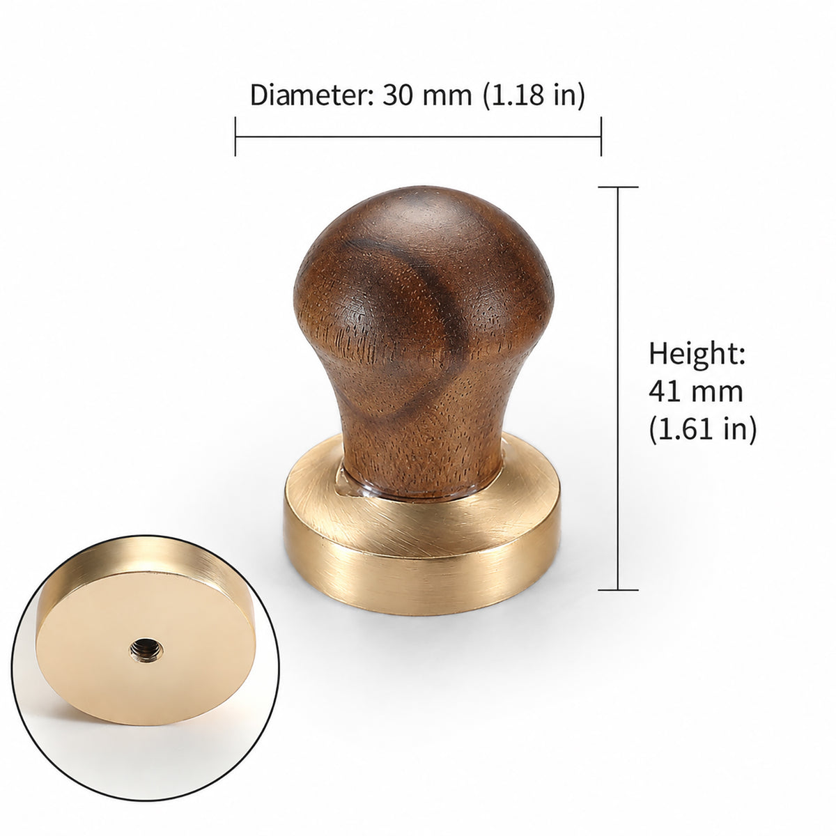 Measurements for rounded walnut wood cabinet knob with brass base, style #5.