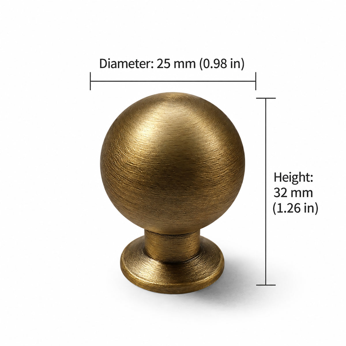 Measurements for spherical brass cabinet knob with brushed bronze finish, style #6 (25 mm option).
