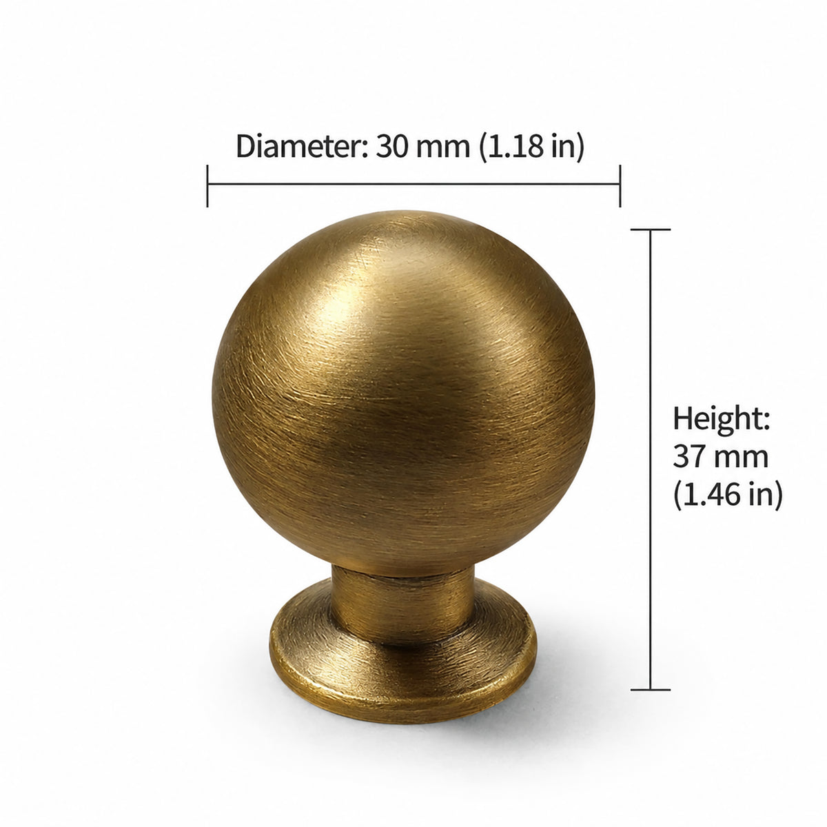 Measurements for spherical brass cabinet knob with brushed bronze finish, style #6 (30 mm option).