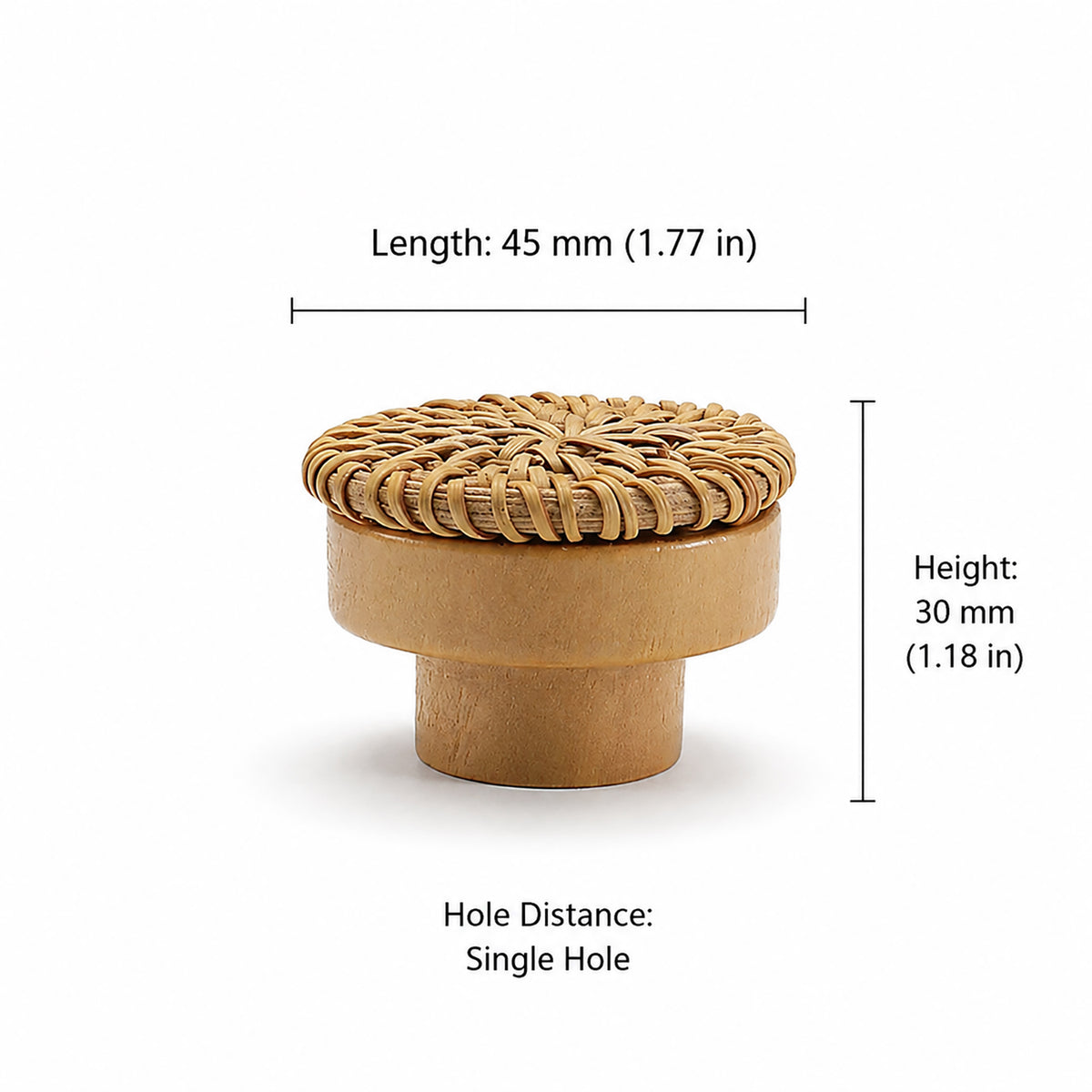 Measurements for woven rattan-topped wood cabinet knob, style #6 (45 mm option).