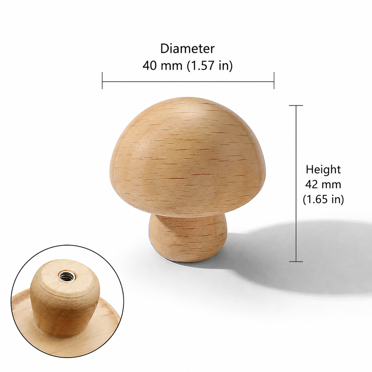 Measurements for light oak wood domed cabinet knob, style #6.