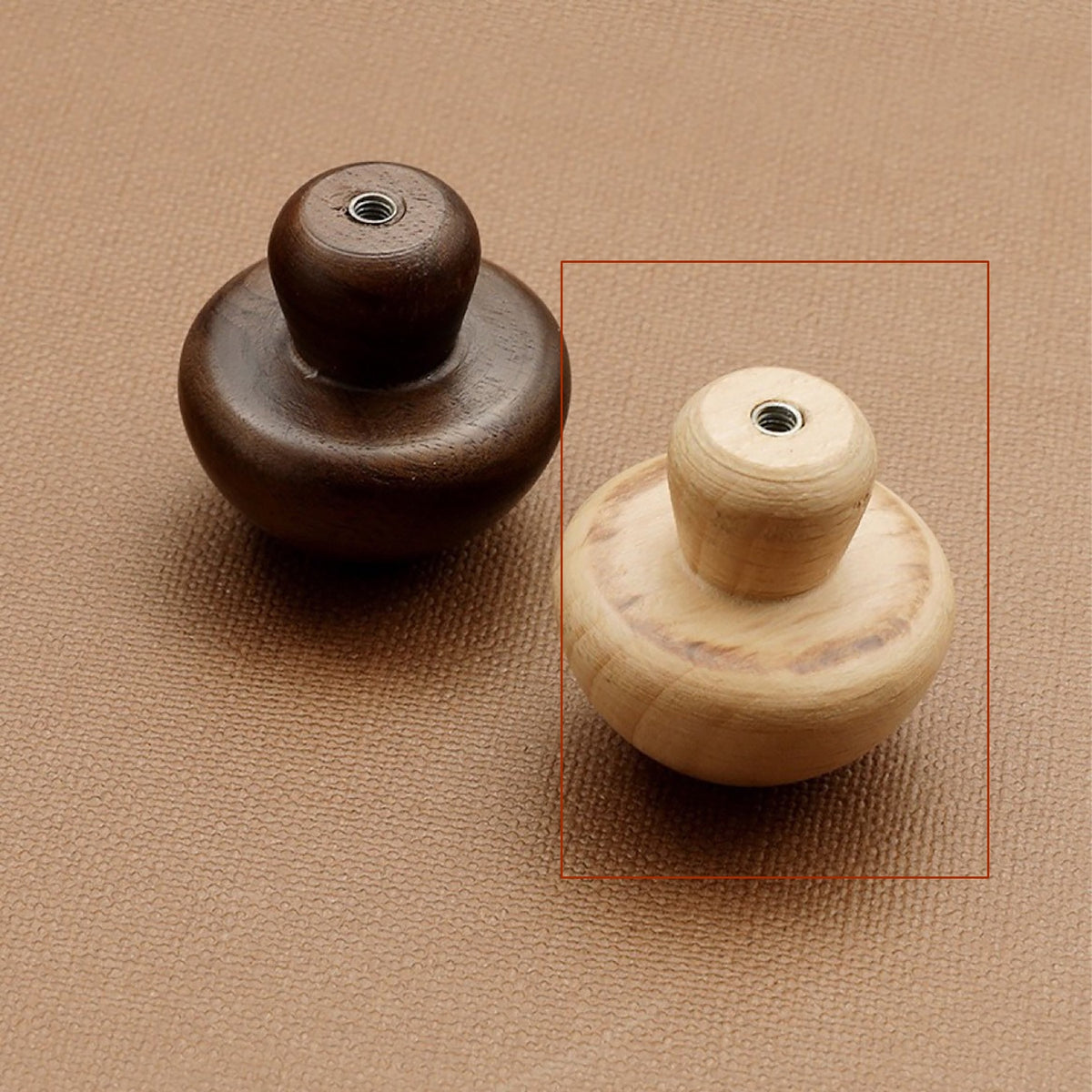 Side and mounting view of light oak wood domed cabinet knob, style #6.