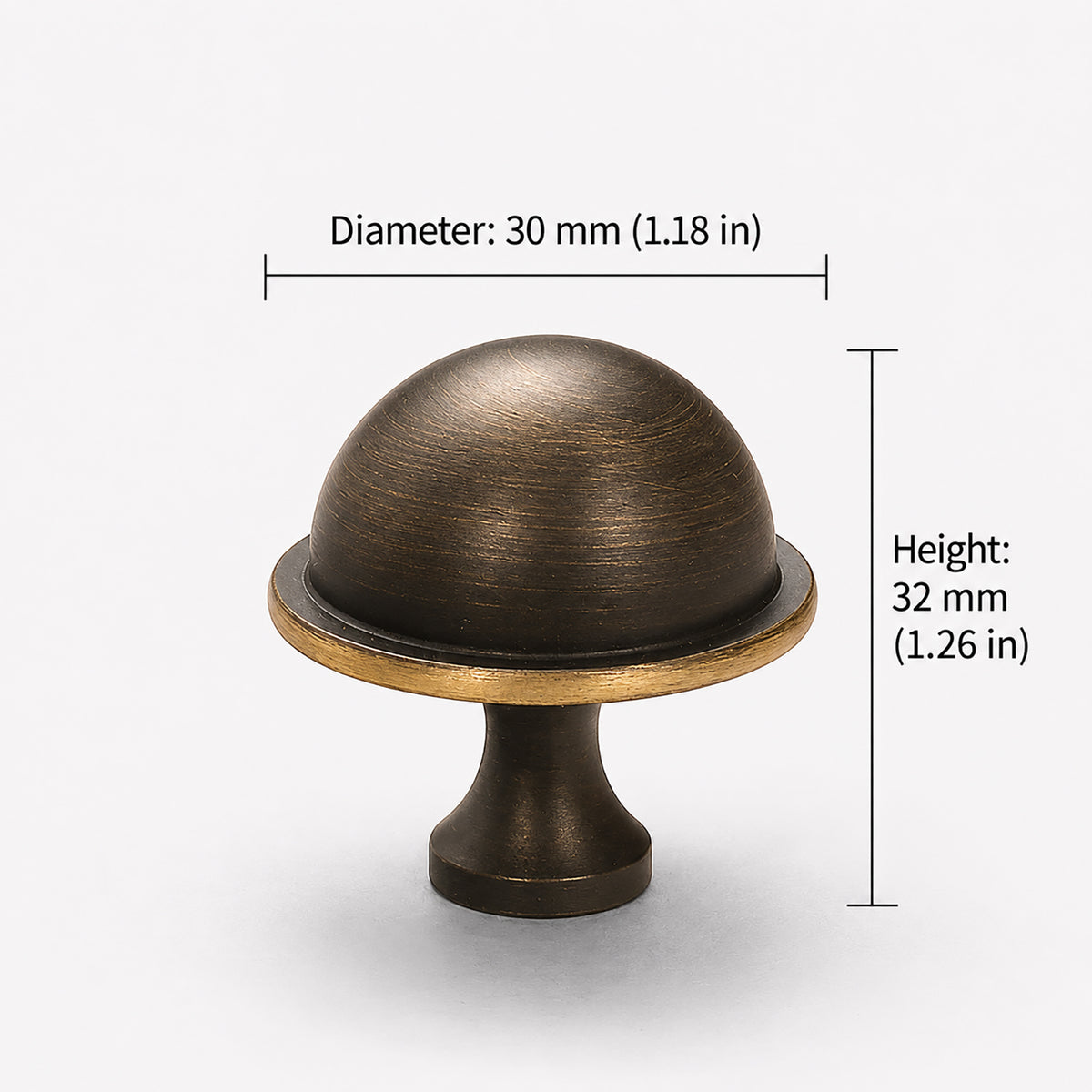 Measurements for bronze-finish solid brass round cabinet knob, style #6.