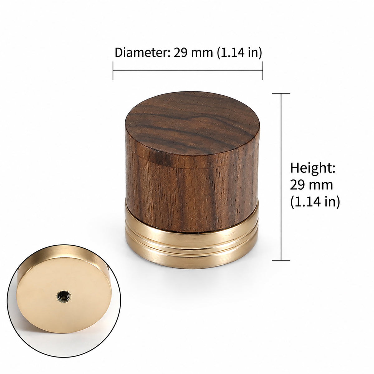 Measurements for walnut wood cylindrical cabinet knob with brass base, style #6.