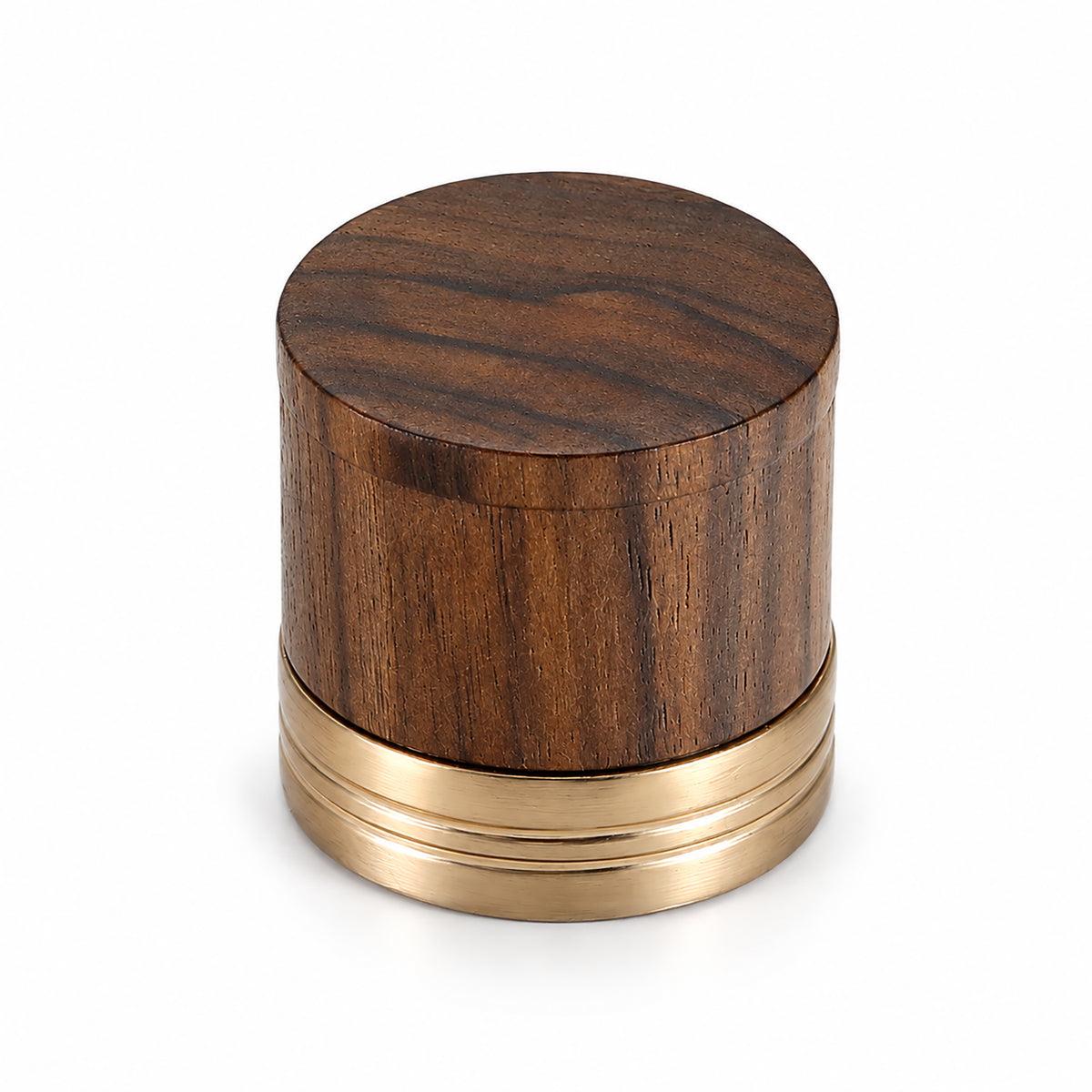 Walnut wood cylindrical cabinet knob with brass base, style #6.